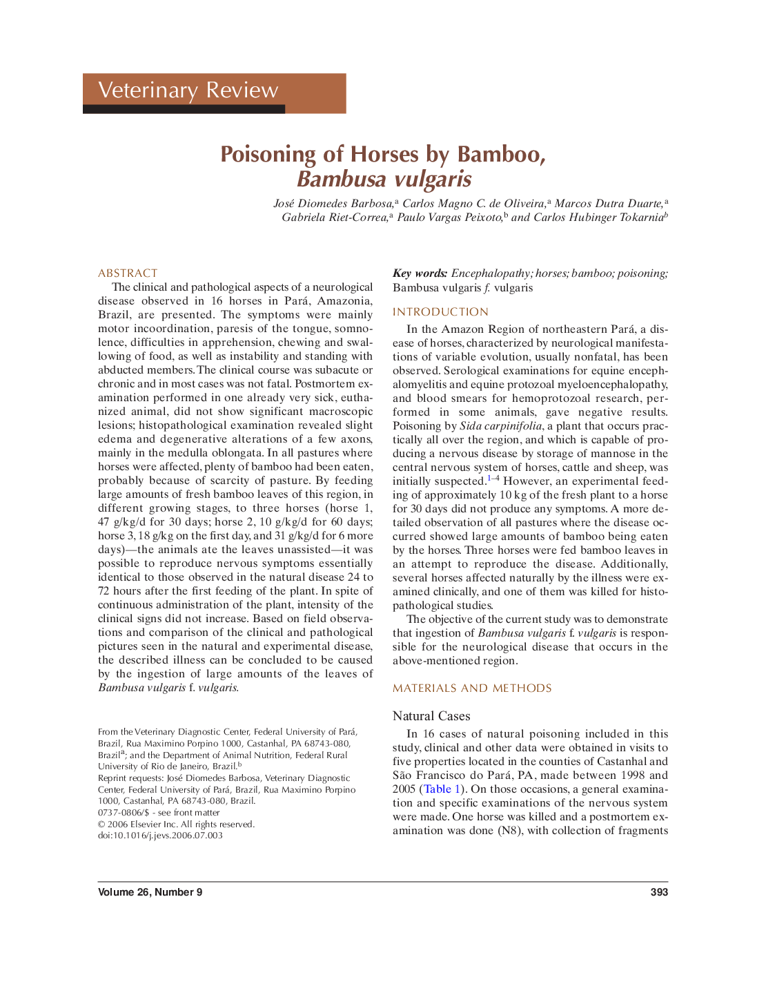 Poisoning of horses by bamboo, Bambusa vulgaris
