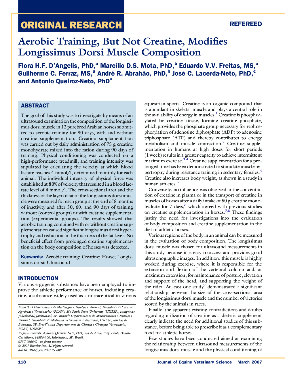 Aerobic Training, But Not Creatine, Modifies Longissimus Dorsi Muscle Composition 