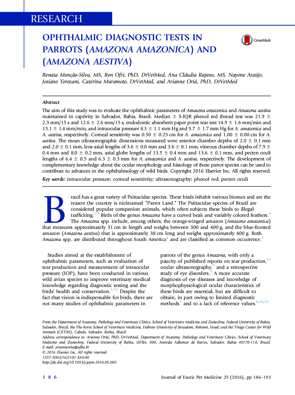 Ophthalmic Diagnostic Tests in Parrots (Amazona amazonica) and (Amazona aestiva)