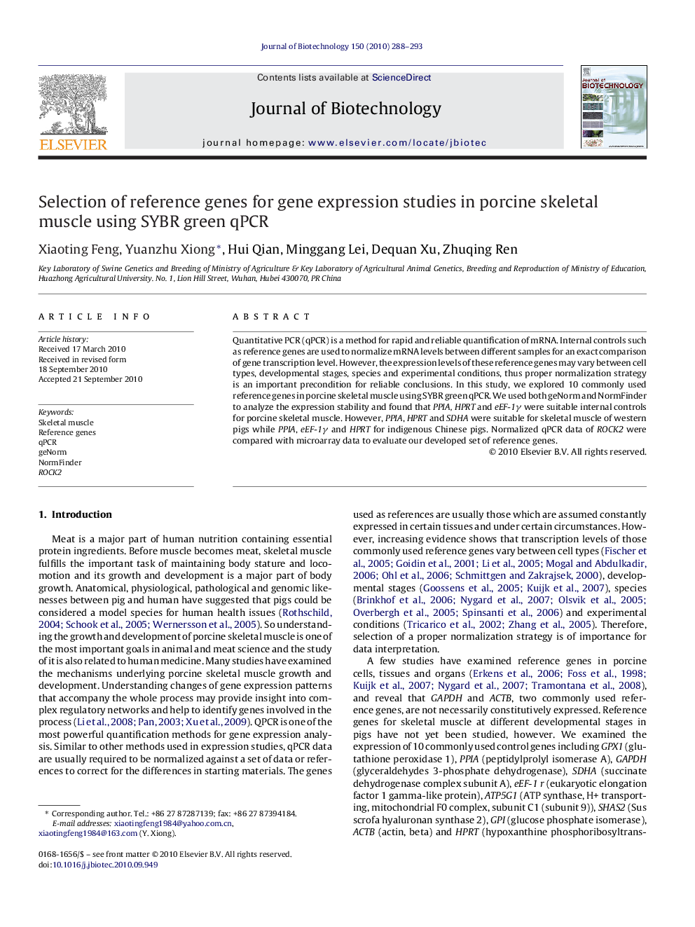 عکس صفحه اول مقاله: Selection of reference genes for gene expression studies in porcine skeletal muscle using SYBR green qPCR Selection of reference genes for gene expression studies in porcine skeletal muscle using SYBR green qPCR