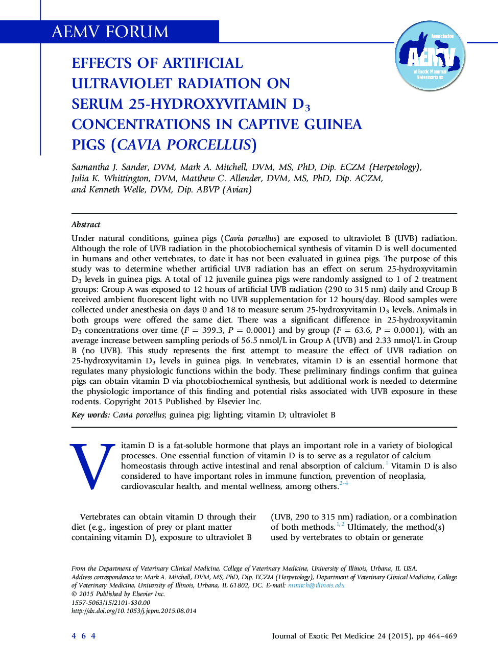 Effects of Artificial Ultraviolet Radiation on Serum 25-Hydroxyvitamin D3 Concentrations in Captive Guinea Pigs (Cavia Porcellus)