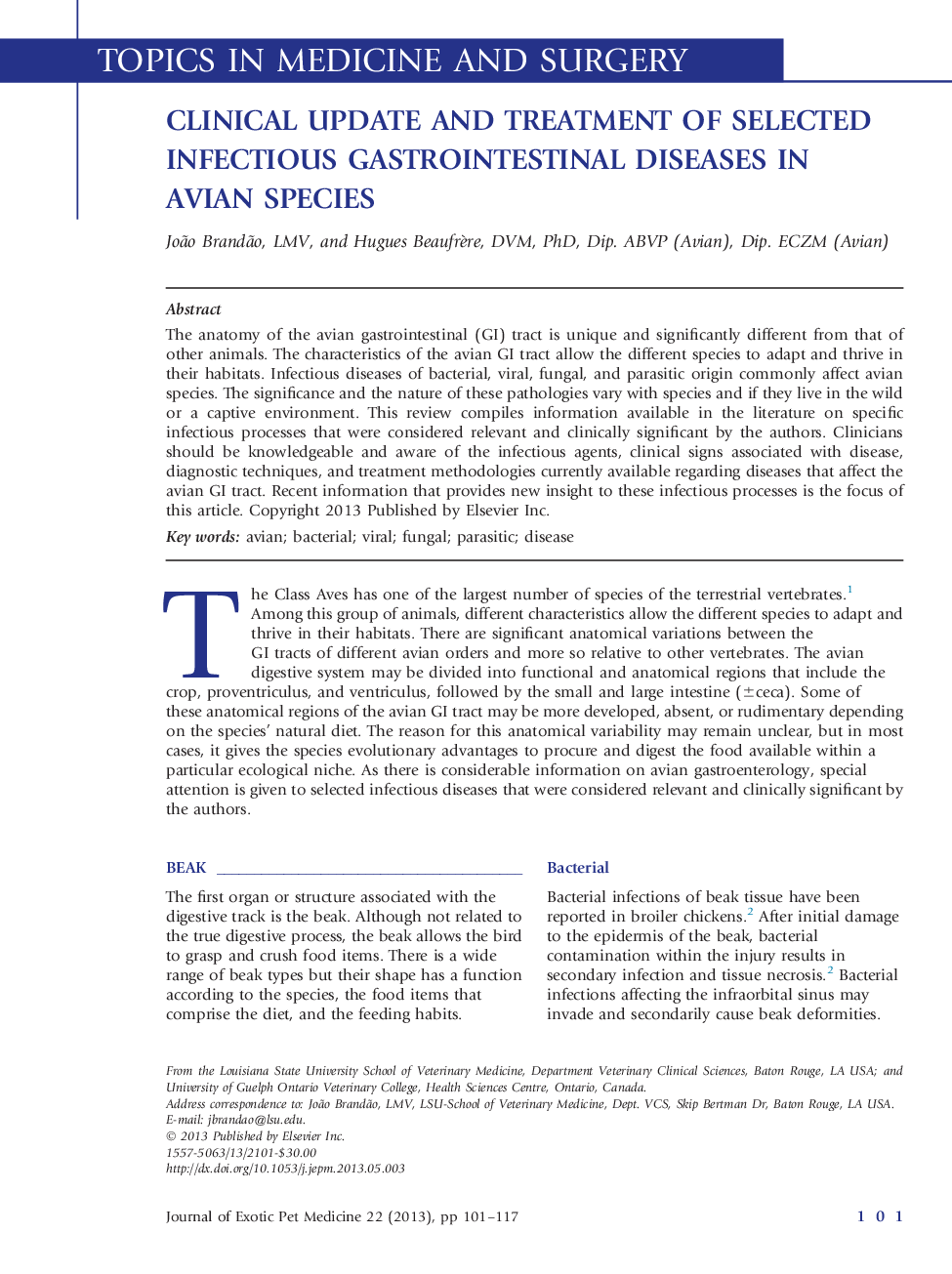 Clinical Update and Treatment of Selected Infectious Gastrointestinal Diseases in Avian Species