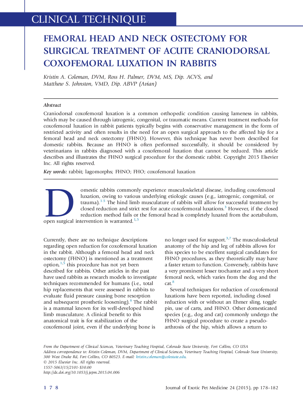 Femoral Head and Neck Ostectomy for Surgical Treatment of Acute Craniodorsal Coxofemoral Luxation in Rabbits