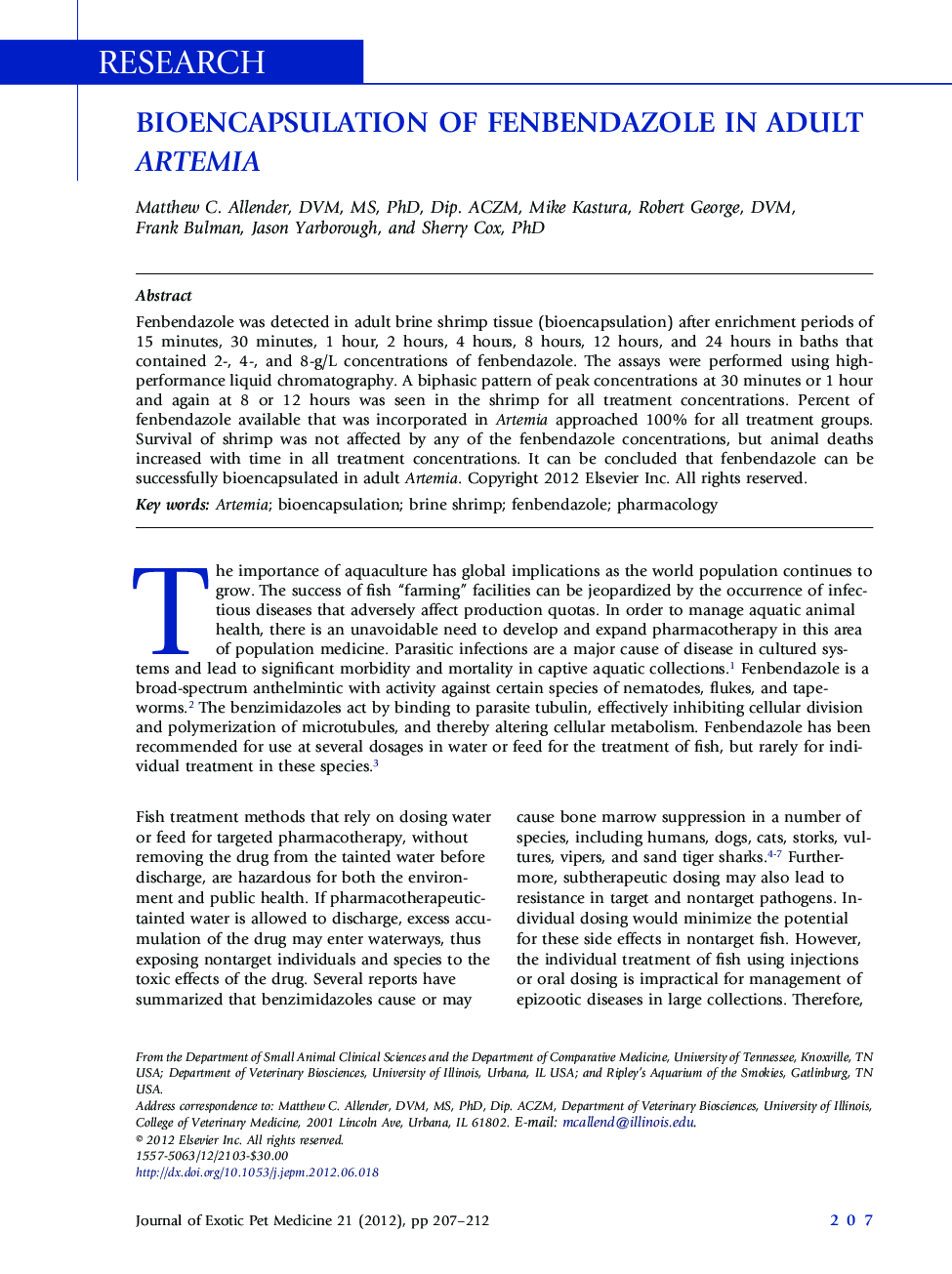 Bioencapsulation of Fenbendazole in Adult Artemia