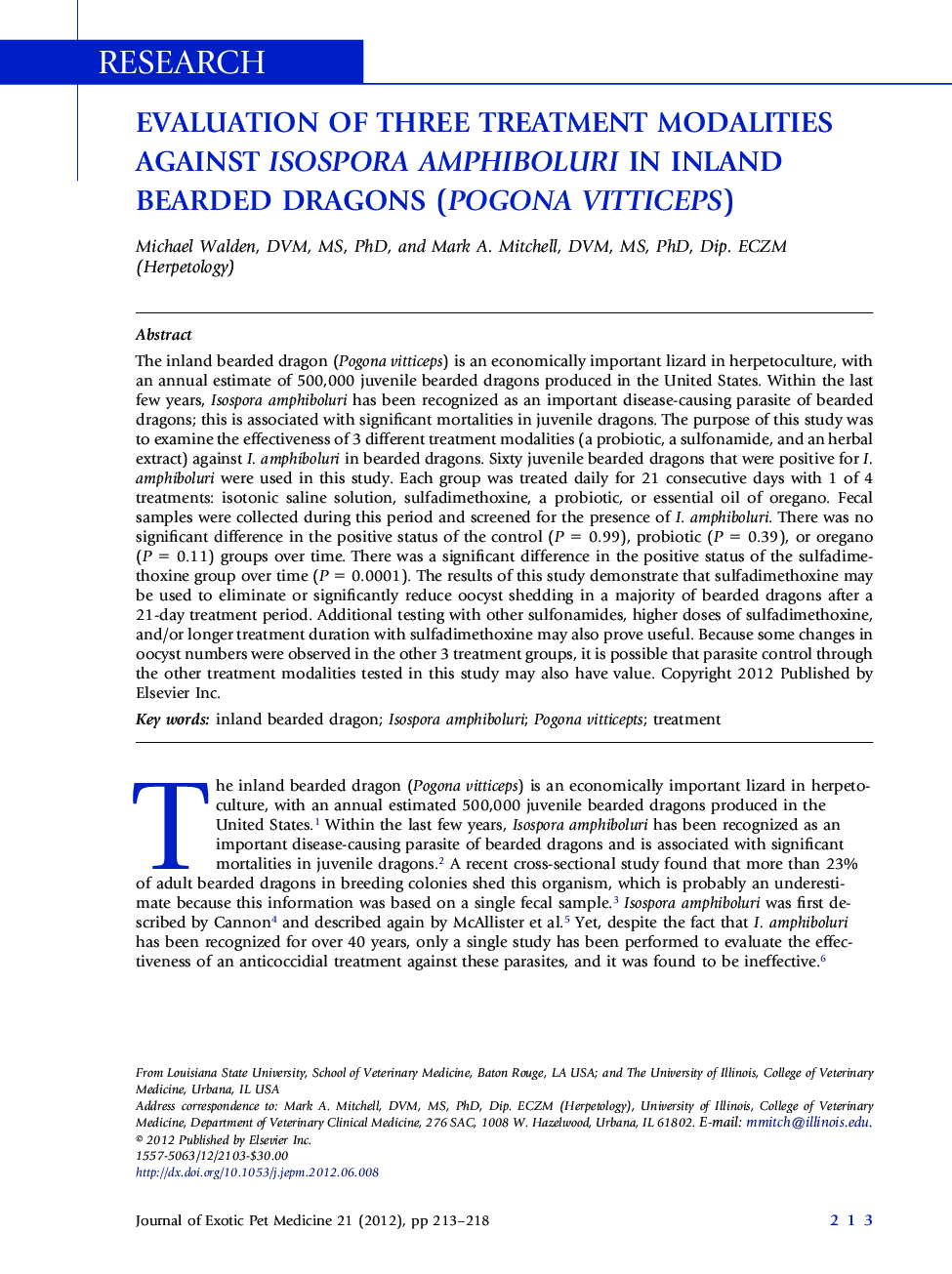Evaluation of Three Treatment Modalities against Isospora amphiboluri in Inland Bearded Dragons (Pogona vitticeps)
