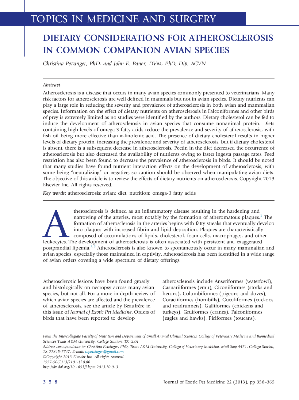 Dietary Considerations for Atherosclerosis in Common Companion Avian Species