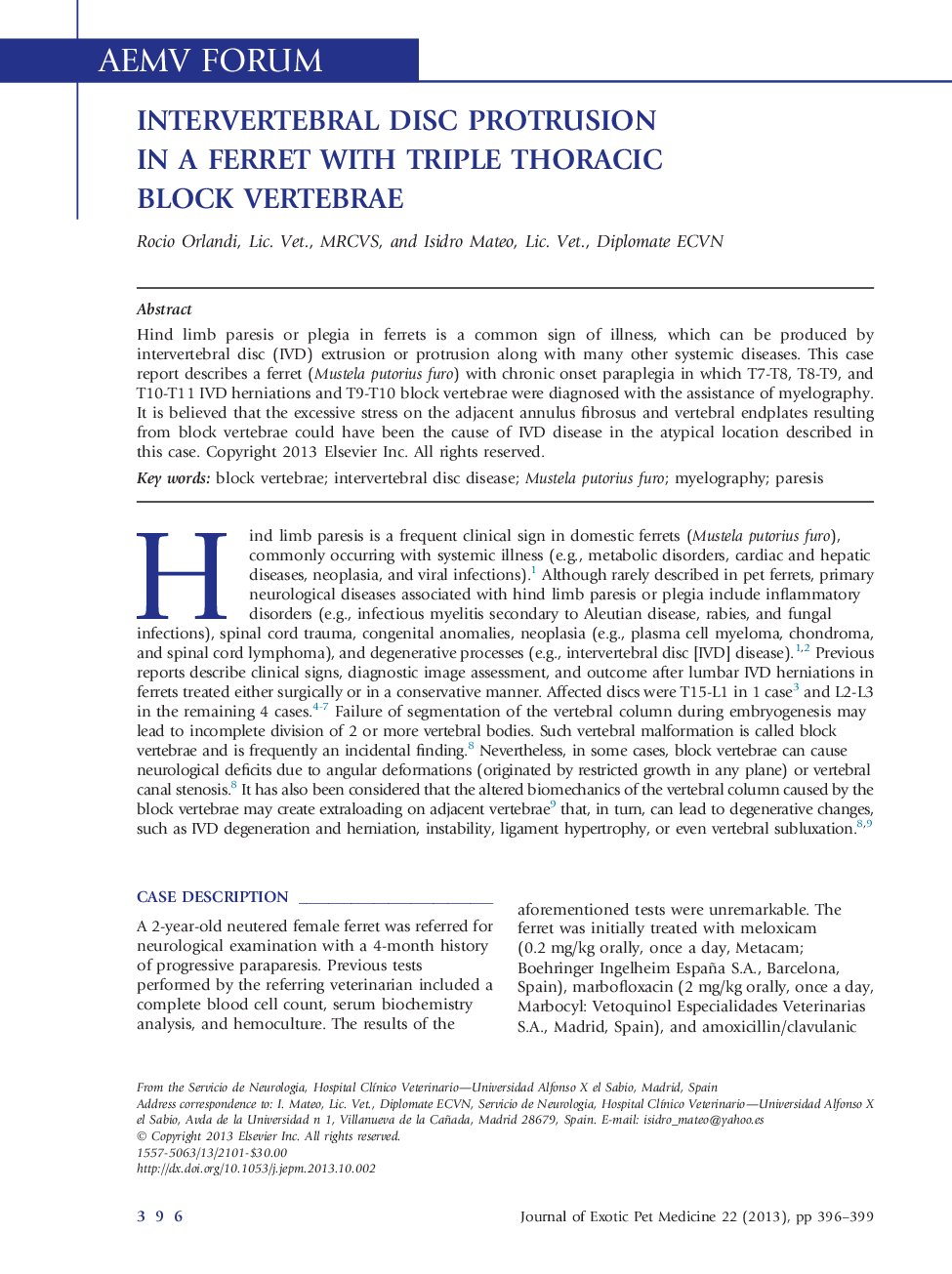 Intervertebral Disc Protrusion in a Ferret with Triple Thoracic Block Vertebrae