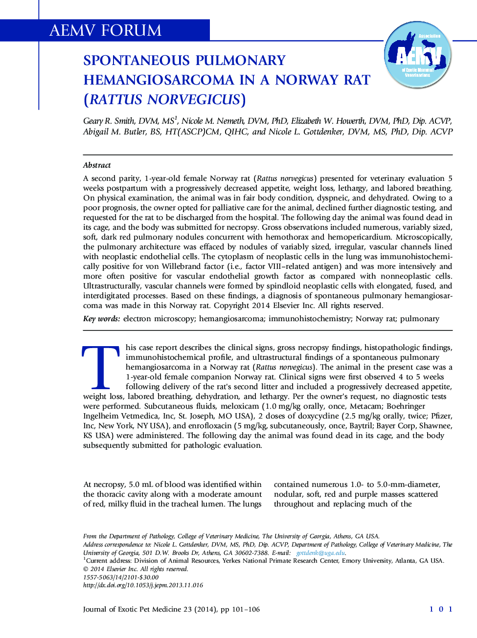 Spontaneous Pulmonary Hemangiosarcoma in a Norway Rat (Rattus norvegicus)