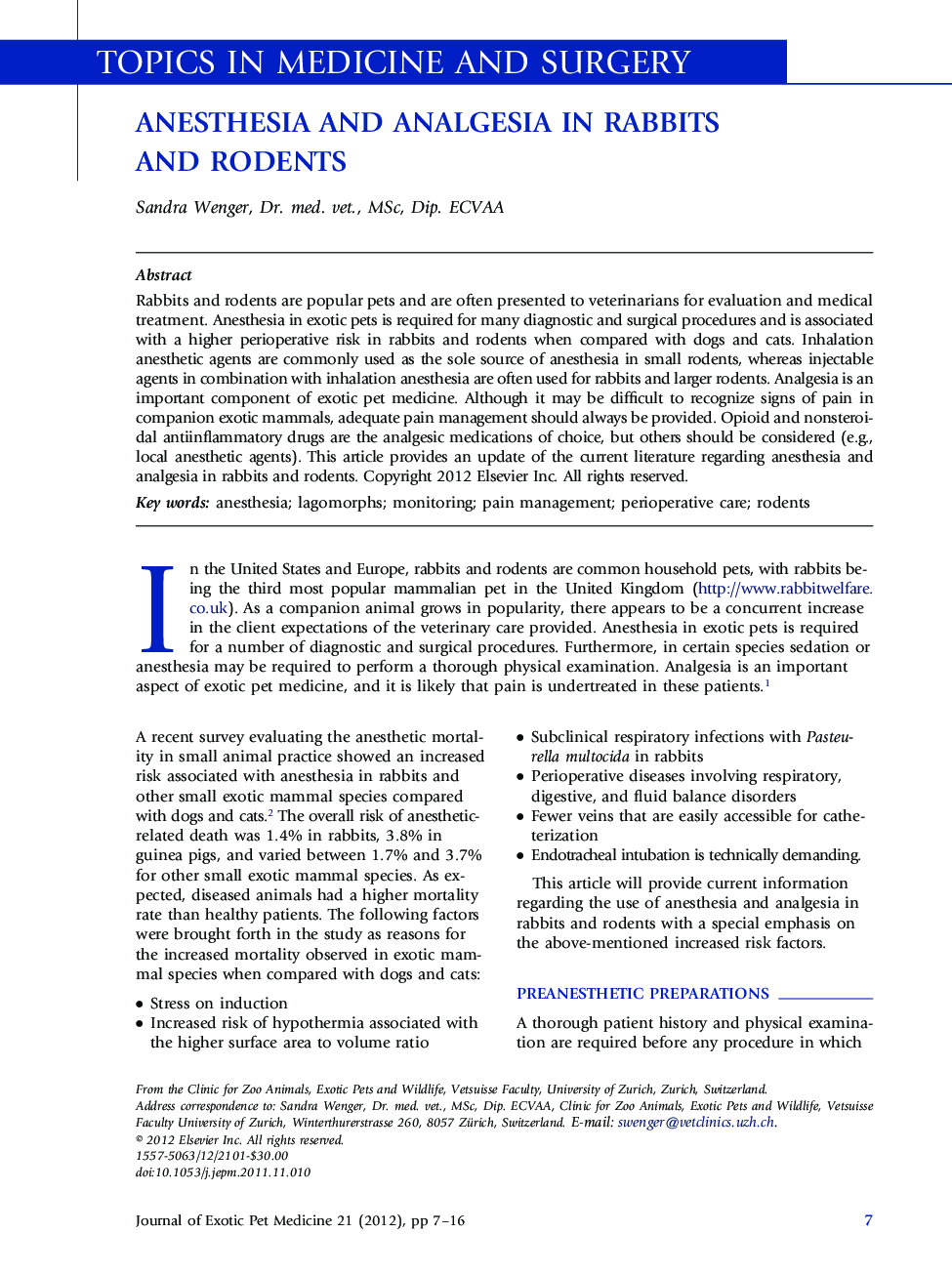 Anesthesia and Analgesia in Rabbits and Rodents