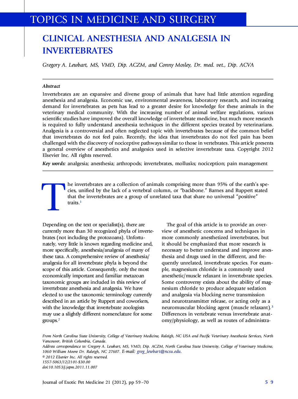 Clinical Anesthesia and Analgesia in Invertebrates