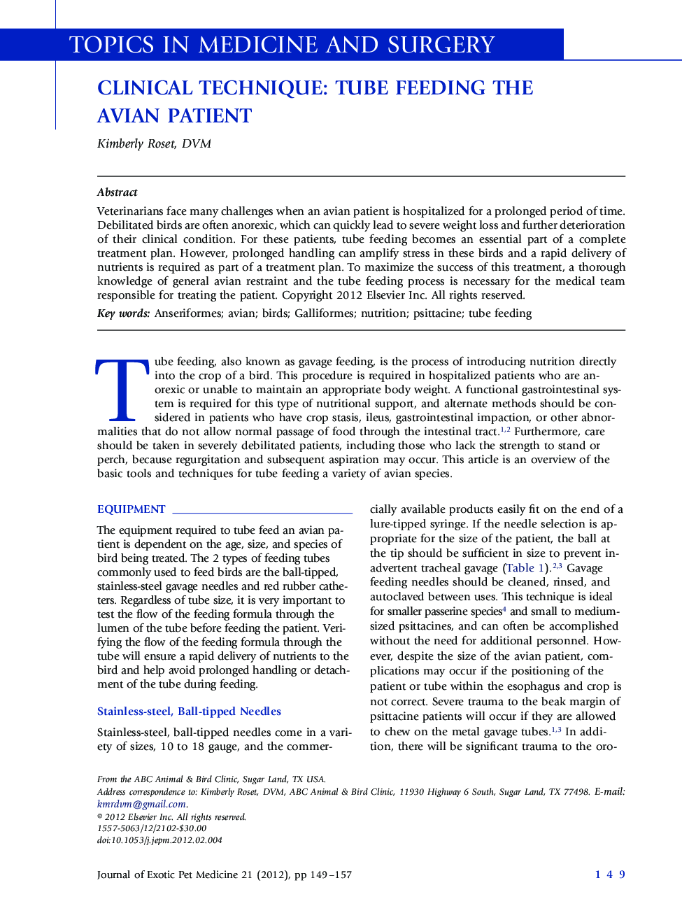 Clinical Technique: Tube Feeding the Avian Patient