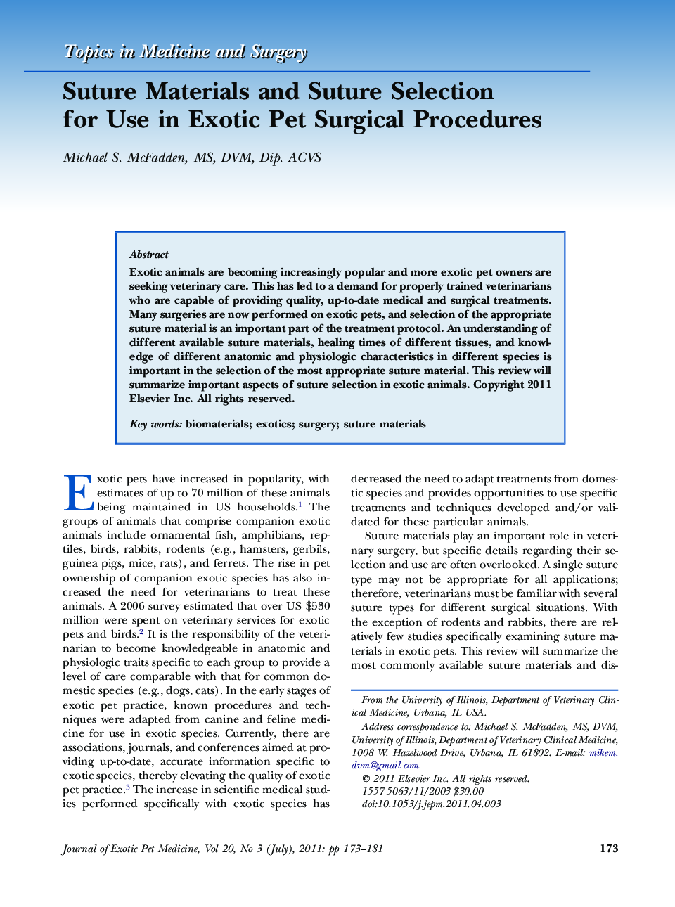 Suture Materials and Suture Selection for Use in Exotic Pet Surgical Procedures