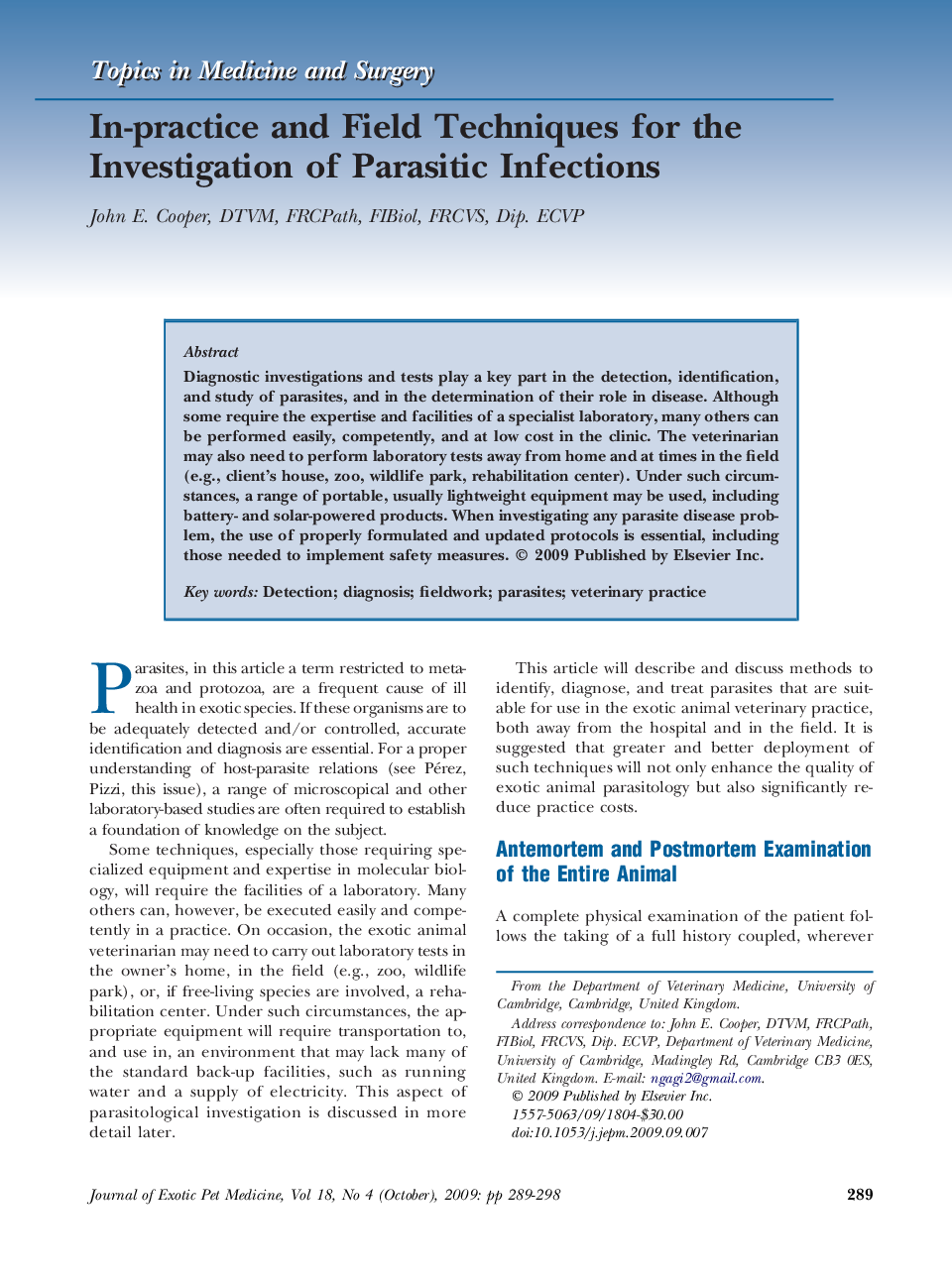 In-practice and Field Techniques for the Investigation of Parasitic Infections