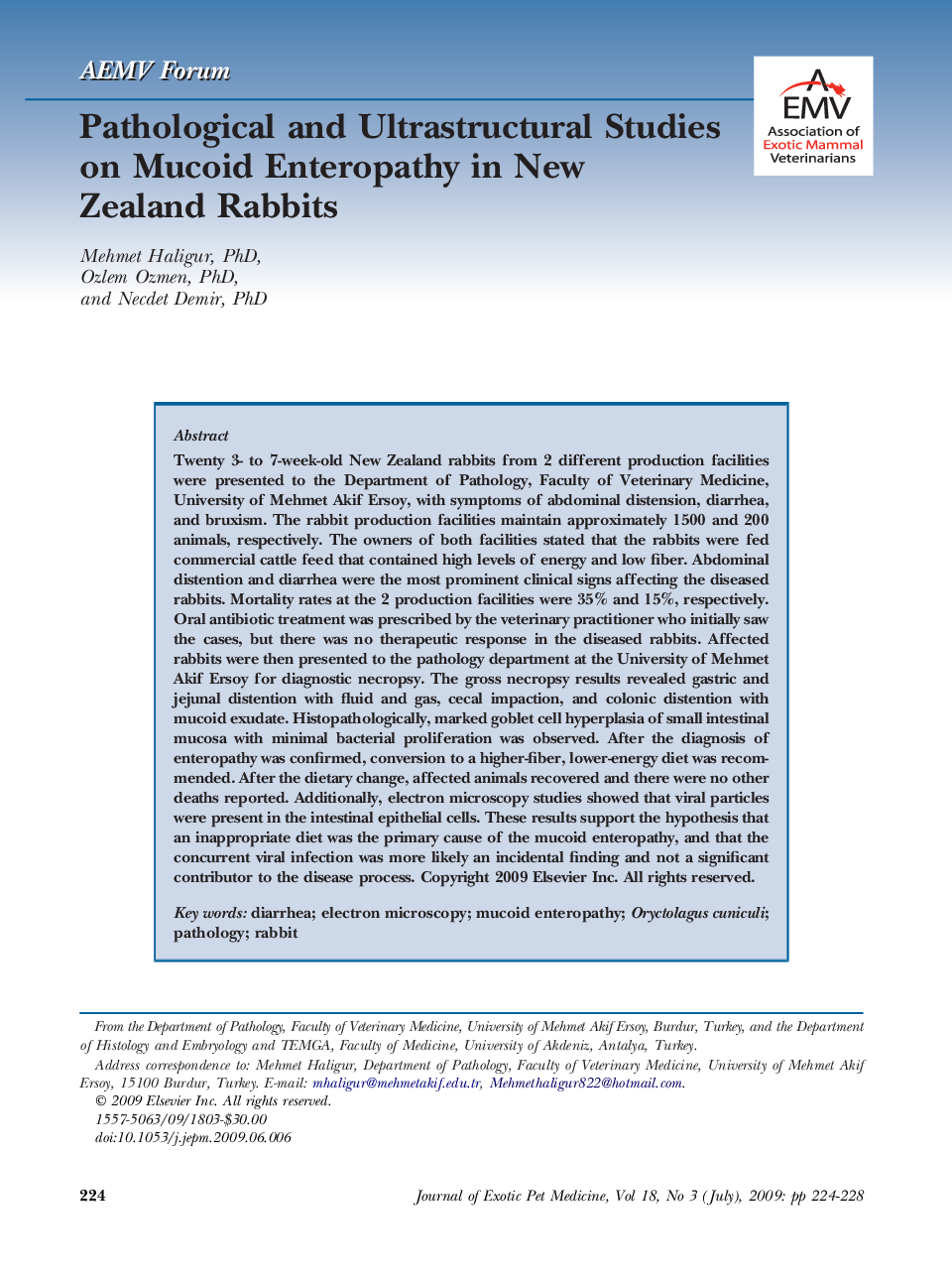 Pathological and Ultrastructural Studies on Mucoid Enteropathy in New Zealand Rabbits