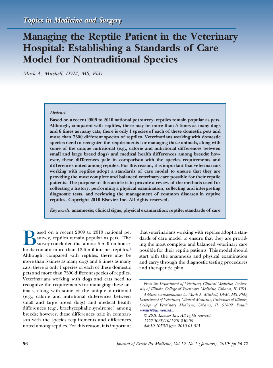 Managing the Reptile Patient in the Veterinary Hospital: Establishing a Standards of Care Model for Nontraditional Species