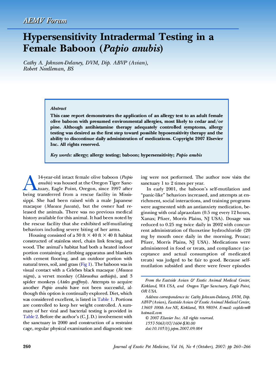 Hypersensitivity Intradermal Testing in a Female Baboon (Papio anubis)