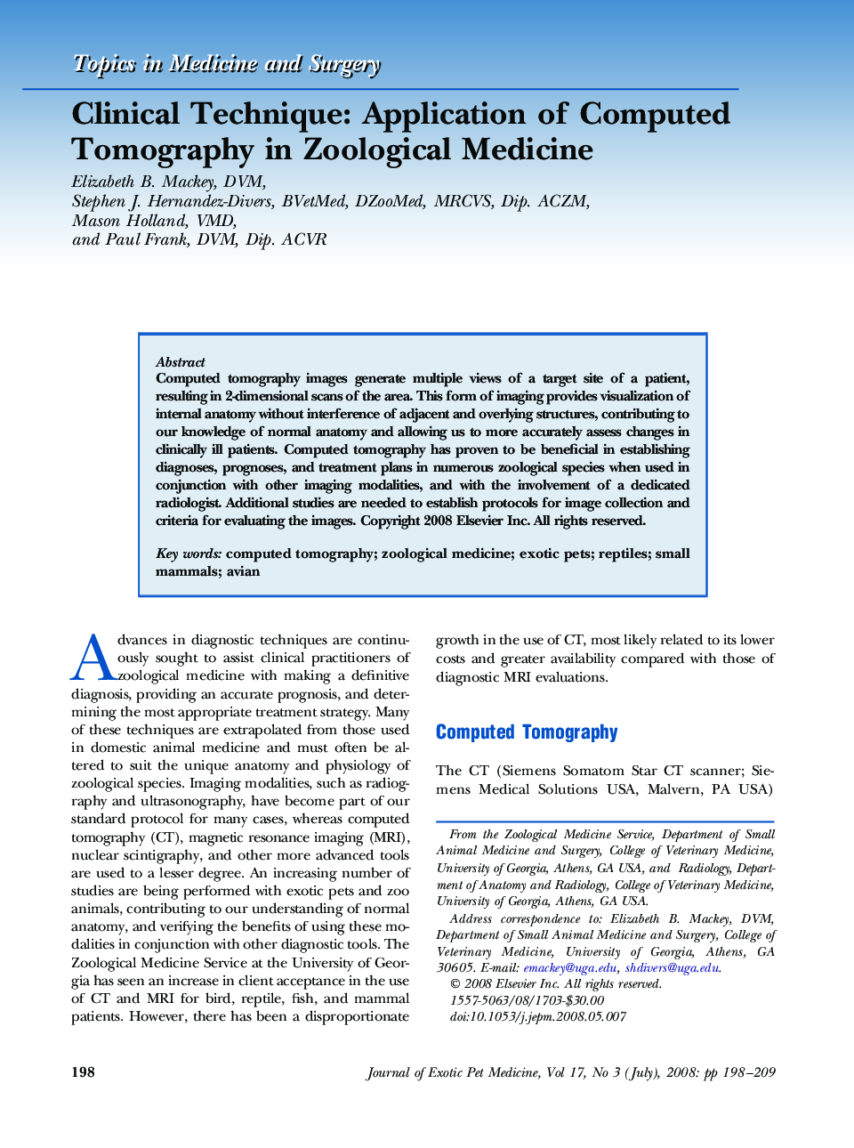 Clinical Technique: Application of Computed Tomography in Zoological Medicine