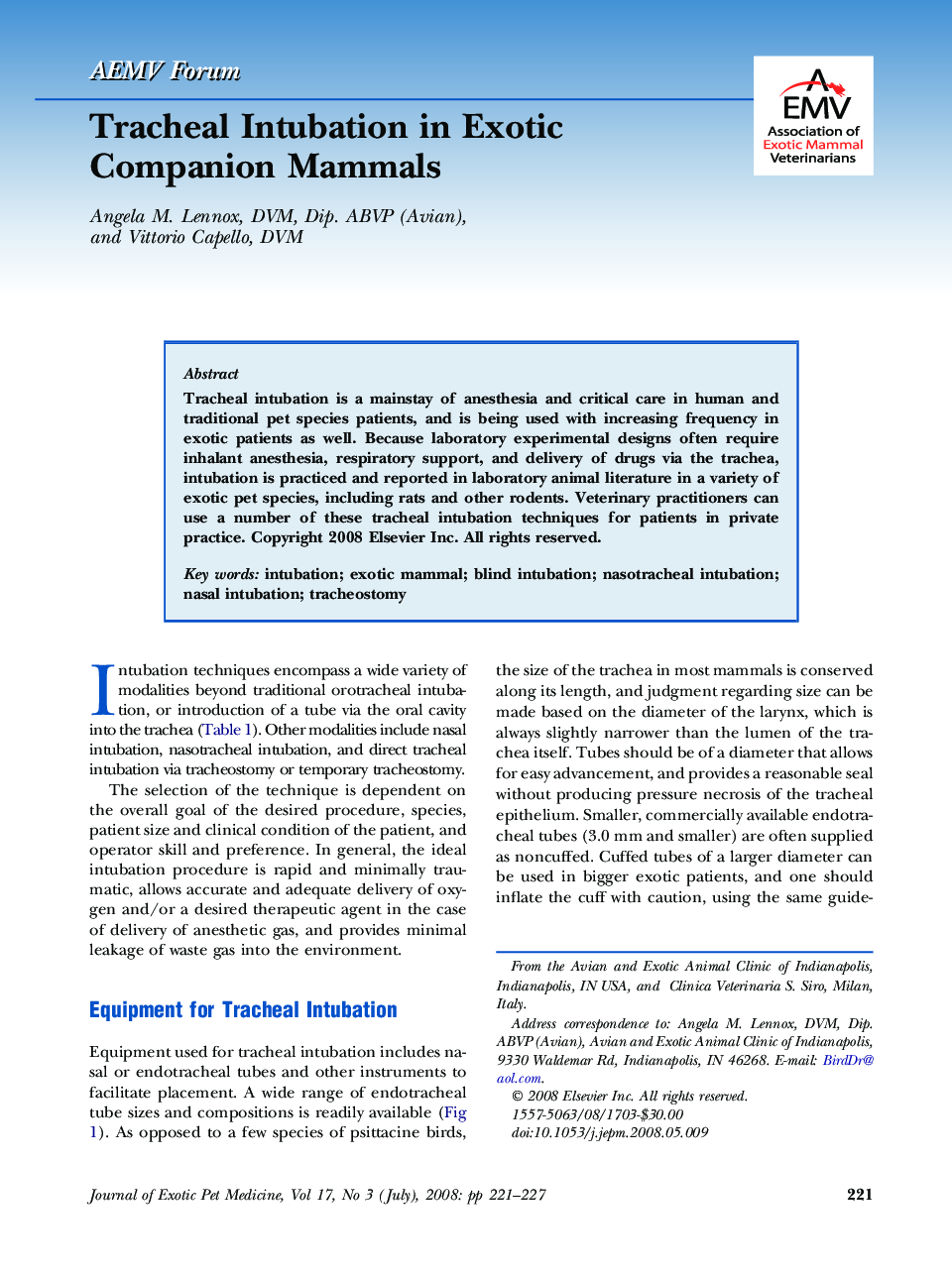 Tracheal Intubation in Exotic Companion Mammals