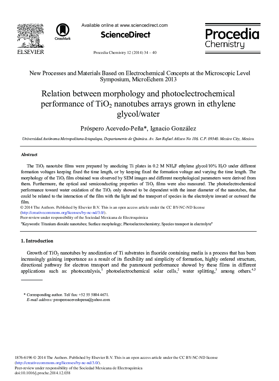 Relation between Morphology and Photoelectrochemical Performance of TiO2 Nanotubes Arrays Grown in Ethylene Glycol/Water 