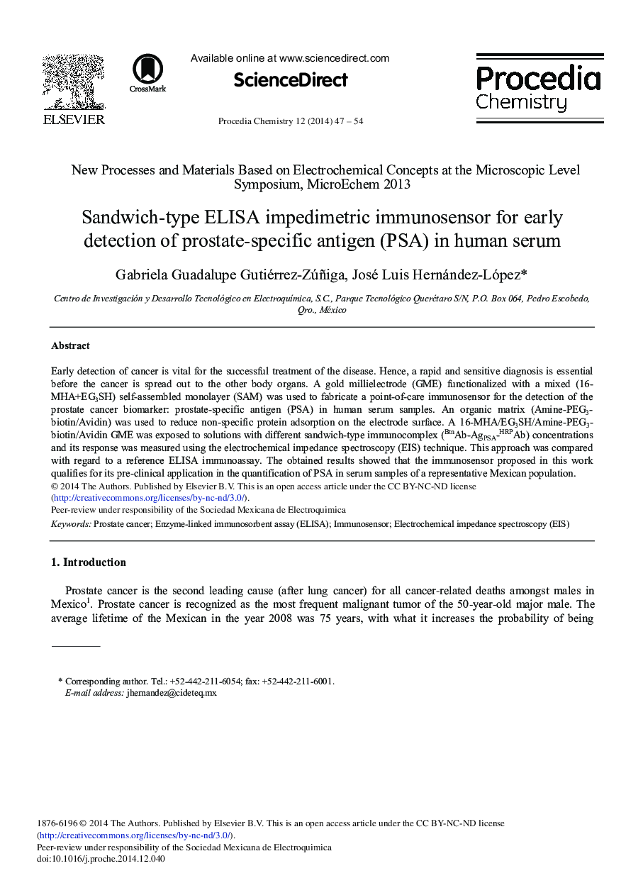 Sandwich-type ELISA Impedimetric Immunosensor for Early Detection of Prostate-specific Antigen (PSA) in Human Serum 