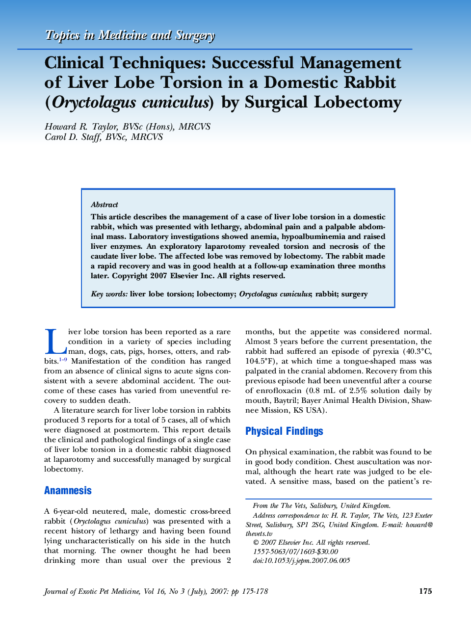 Clinical Techniques: Successful Management of Liver Lobe Torsion in a Domestic Rabbit (Oryctolagus cuniculus) by Surgical Lobectomy