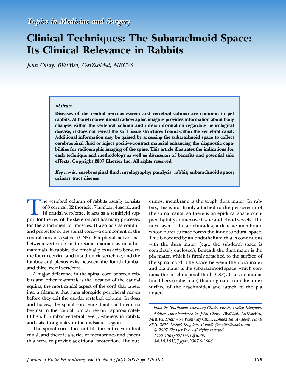 Clinical Techniques: The Subarachnoid Space: Its Clinical Relevance in Rabbits