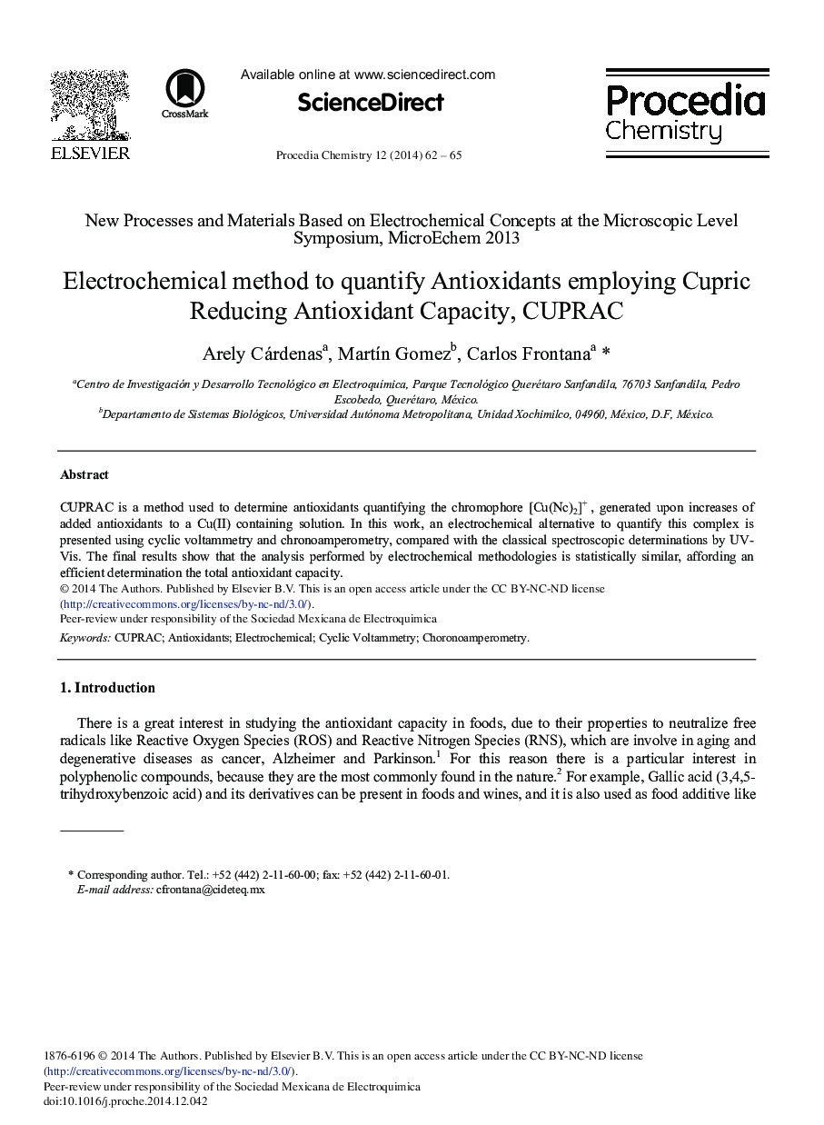 Electrochemical Method to Quantify Antioxidants Employing Cupric Reducing Antioxidant Capacity, CUPRAC 