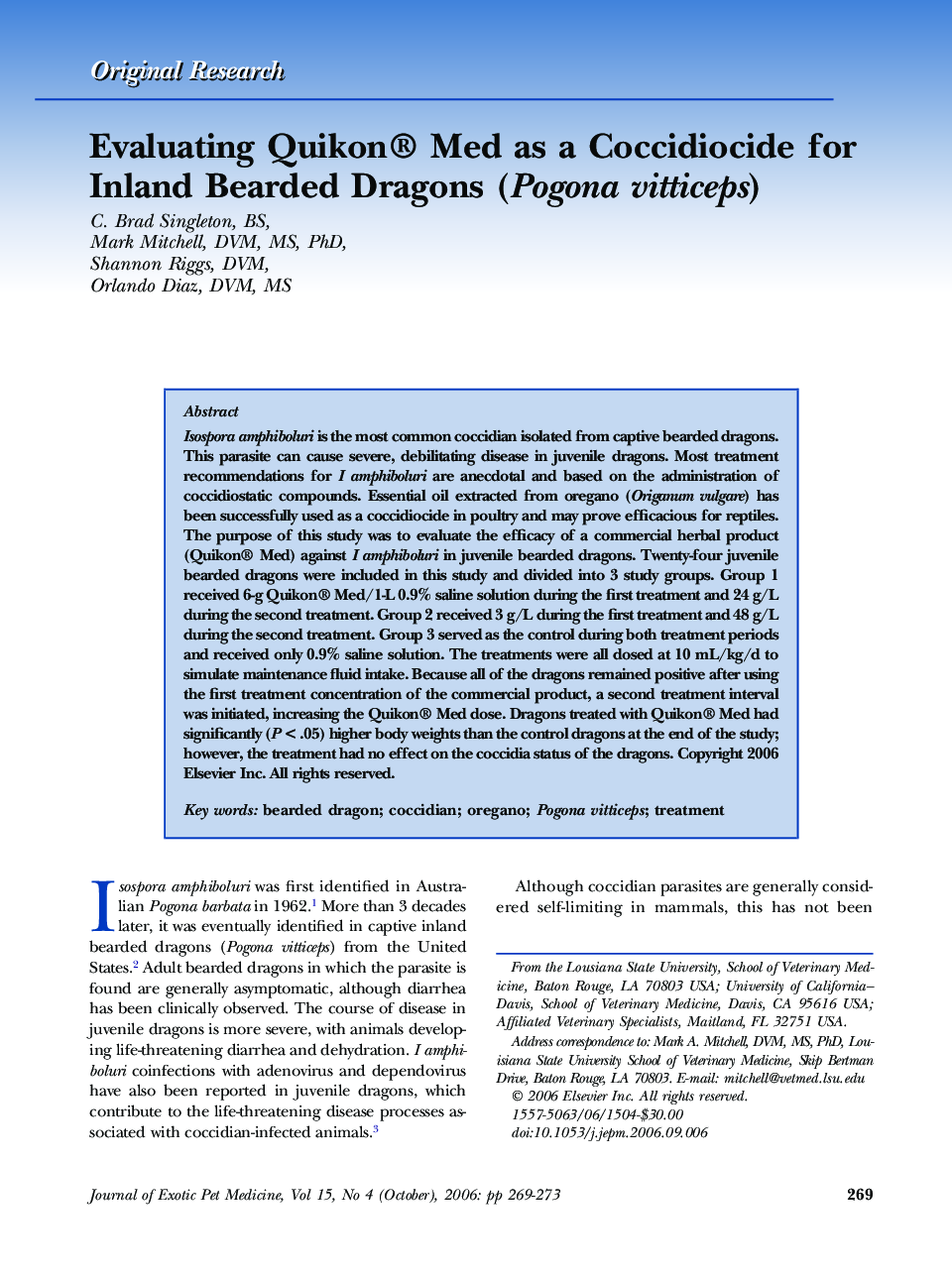 Evaluating Quikon® Med as a Coccidiocide for Inland Bearded Dragons (Pogona vitticeps)