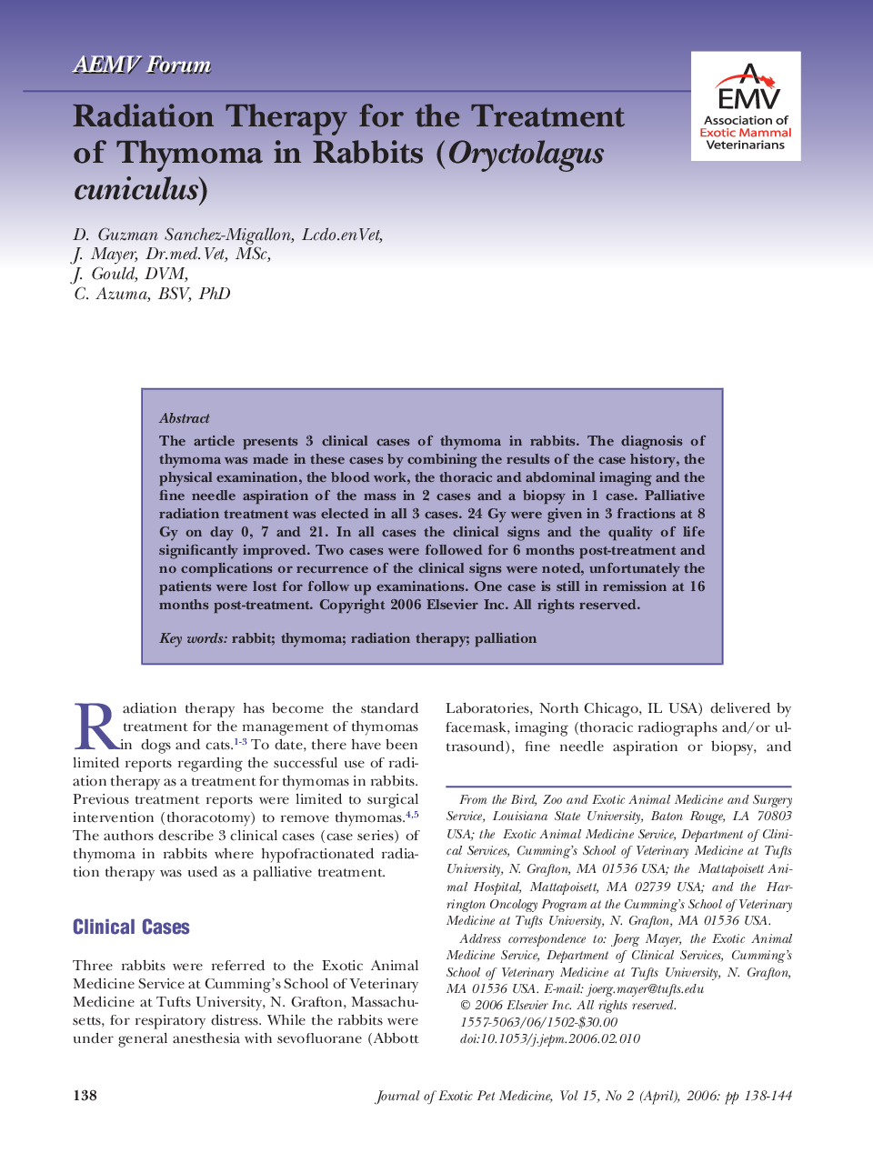 Radiation Therapy for the Treatment of Thymoma in Rabbits (Oryctolagus cuniculus)