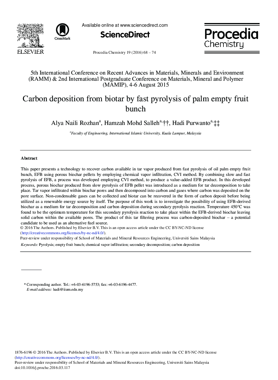 Carbon Deposition from Biotar by Fast Pyrolysis of Palm Empty Fruit Bunch 