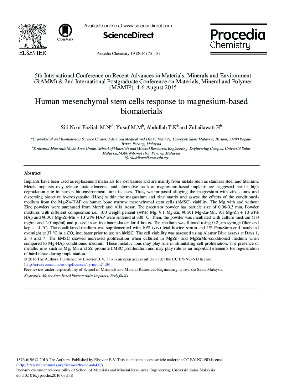 Human Mesenchymal Stem Cells Response to Magnesium-based Biomaterials 