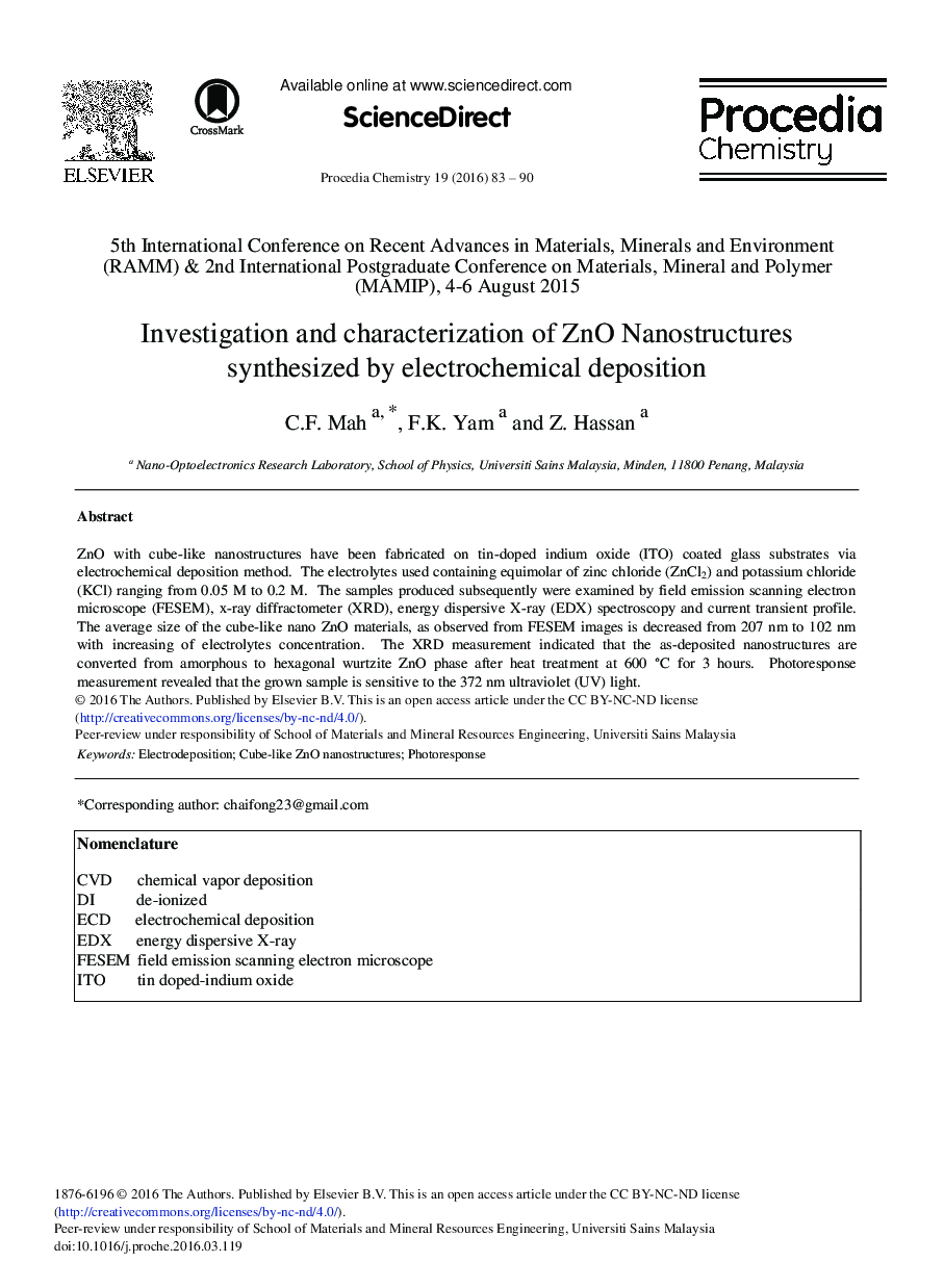 Investigation and Characterization of ZnO Nanostructures Synthesized by Electrochemical Deposition 