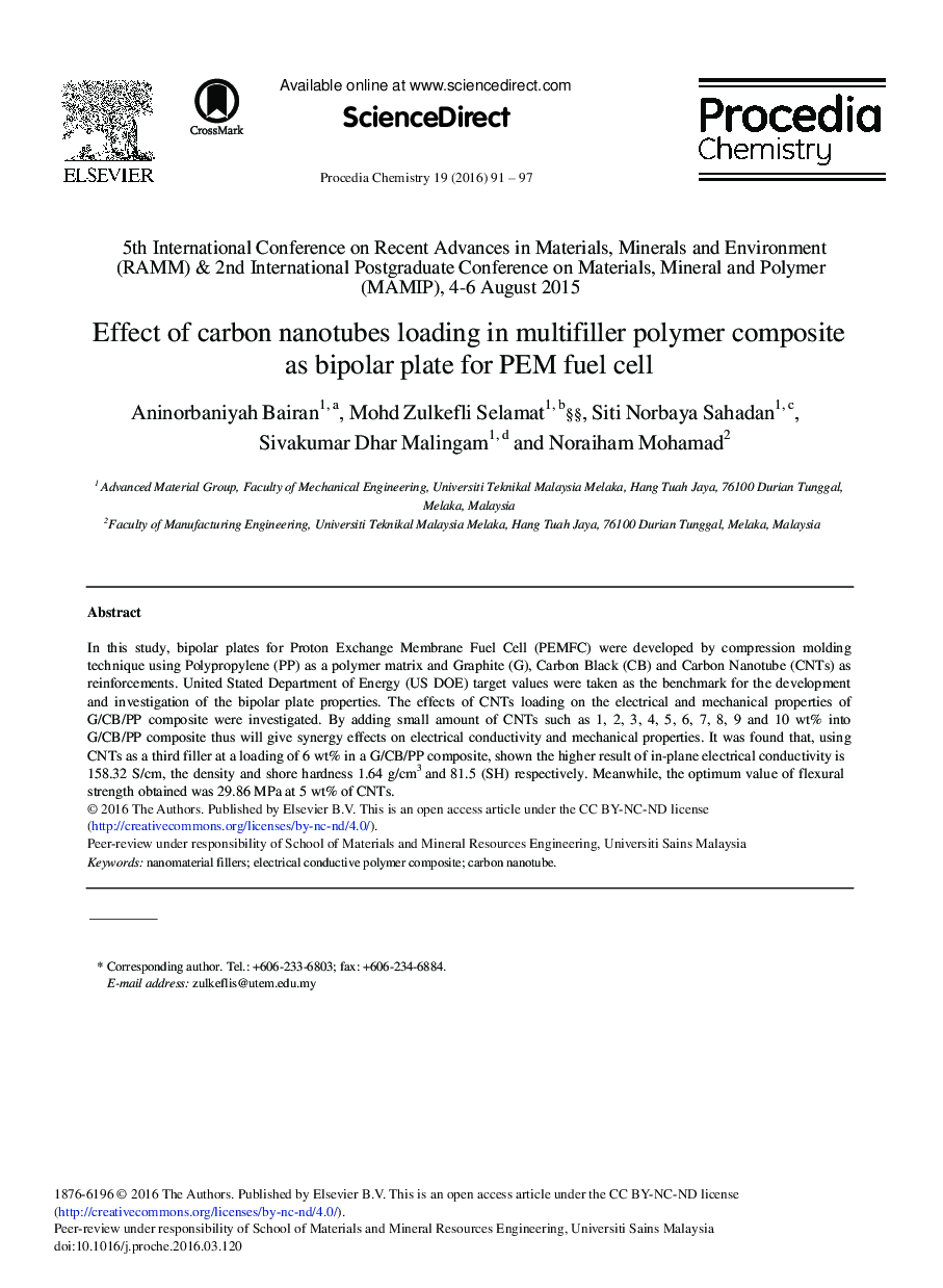 Effect of Carbon Nanotubes Loading in Multifiller Polymer Composite as Bipolar Plate for PEM Fuel Cell 