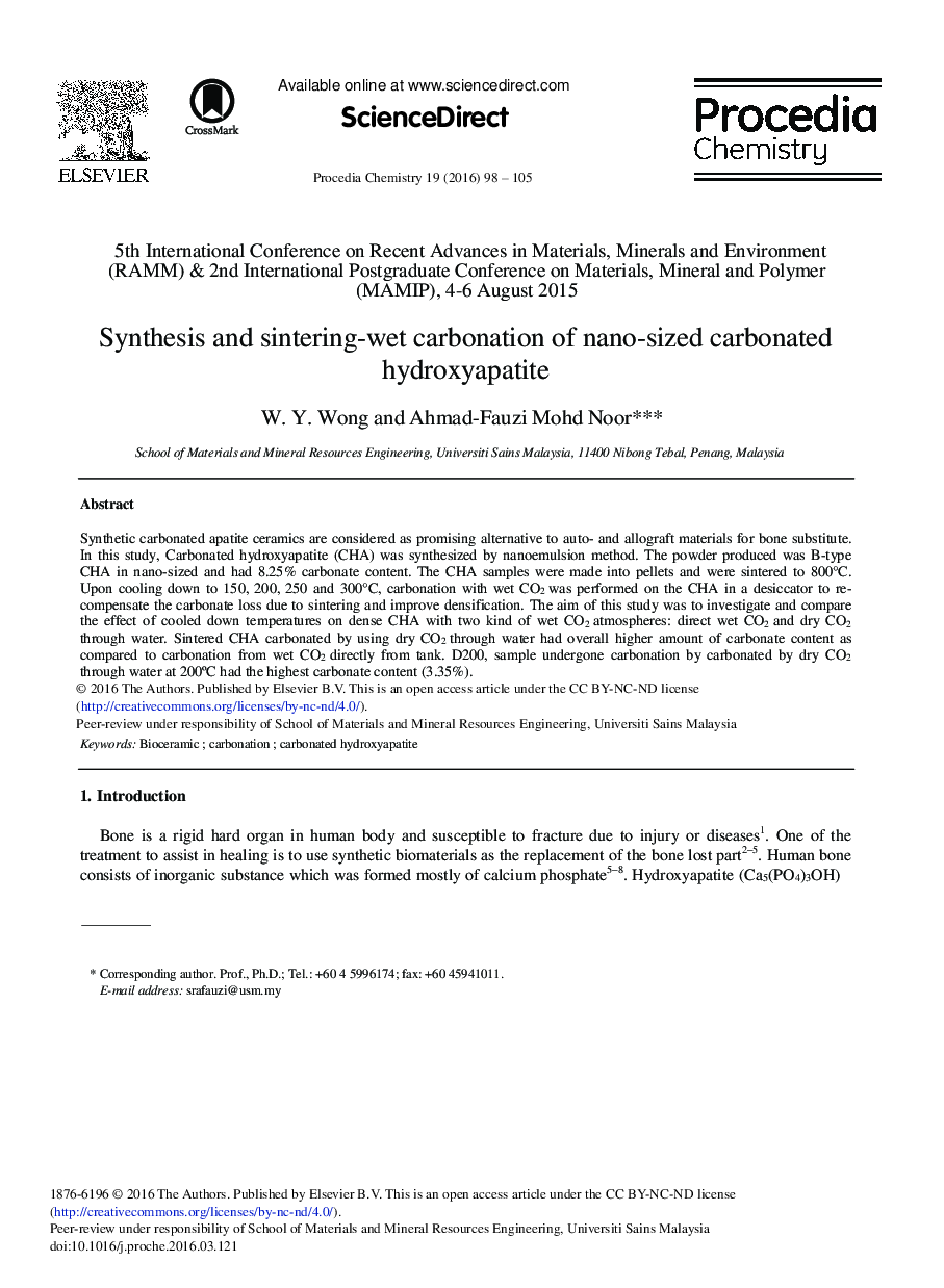 Synthesis and Sintering-wet Carbonation of Nano-sized Carbonated Hydroxyapatite 