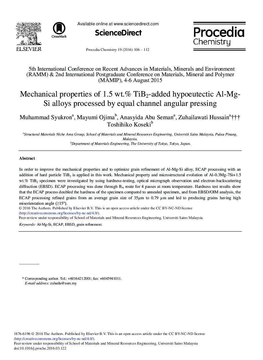 خواص مکانیکی آلیاژهای Al ـ Mg ـ Si 1.5 wt.% TiB2-added Hypoeutectic پردازش شده توسط فشار دادن انگولار کانال برابر  
