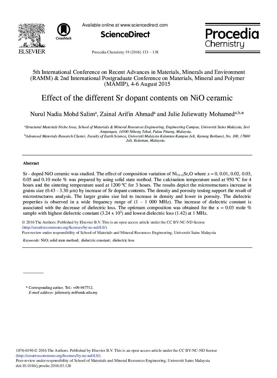 Effect of the Different Sr Dopant Contents on NiO Ceramic 