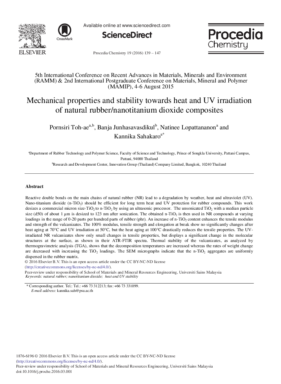 Mechanical Properties and Stability Towards Heat and UV Irradiation of Natural Rubber/Nanotitanium Dioxide Composites