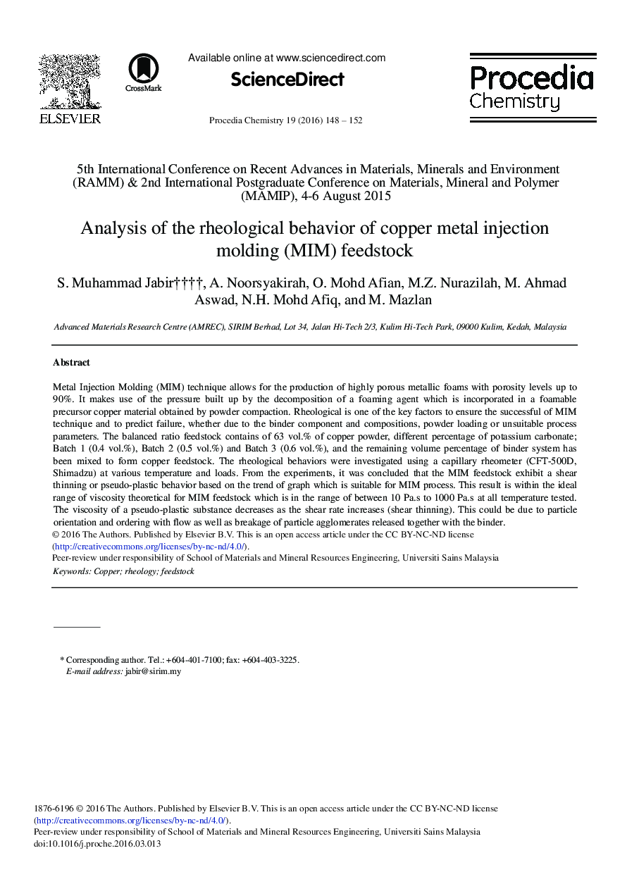 Analysis of the Rheological Behavior of Copper Metal Injection Molding (MIM) Feedstock 