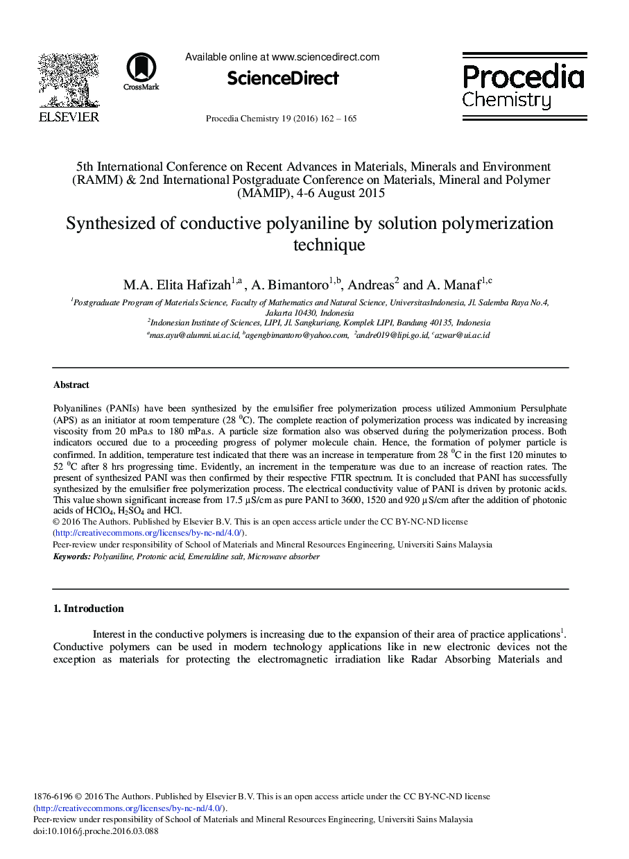 Synthesized of Conductive Polyaniline by Solution Polymerization Technique 
