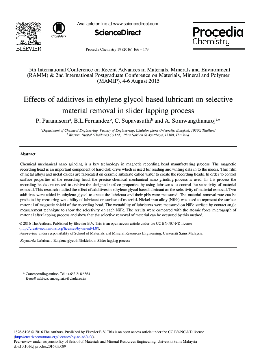 Effects of Additives in Ethylene Glycol-based Lubricant on Selective Material Removal in Slider Lapping Process 