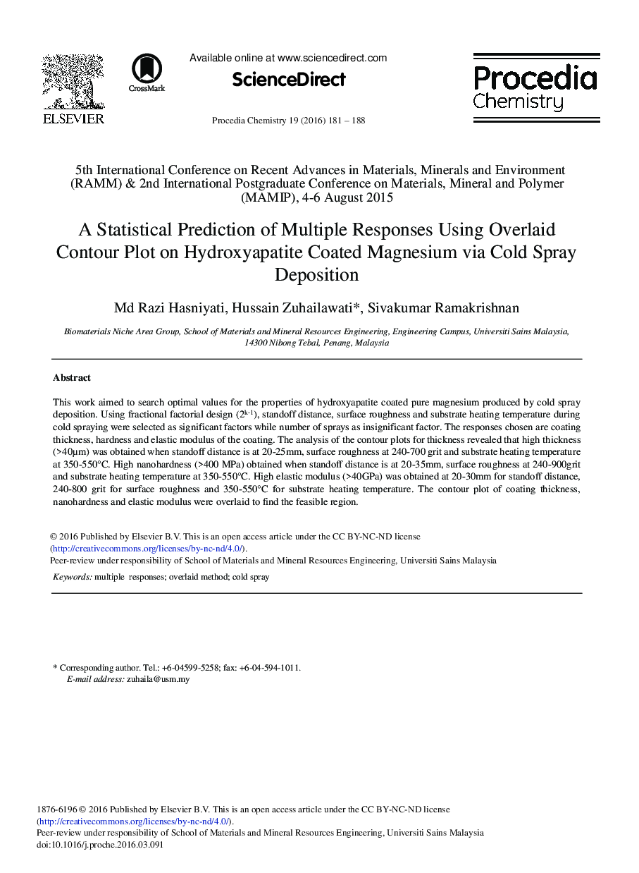 A Statistical Prediction of Multiple Responses Using Overlaid Contour Plot on Hydroxyapatite Coated Magnesium via Cold Spray Deposition 