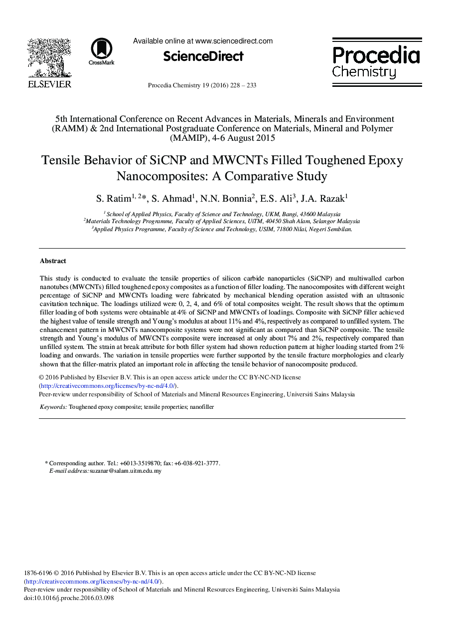 Tensile Behavior of SiCNP and MWCNTs Filled Toughened Epoxy Nanocomposites: A Comparative Study 