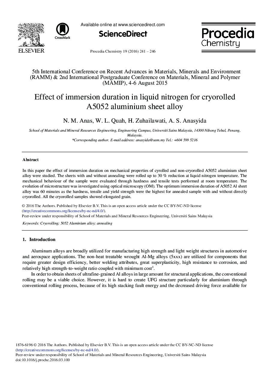 Effect of Immersion Duration in Liquid Nitrogen for Cryorolled A5052 Aluminium Sheet Alloy 