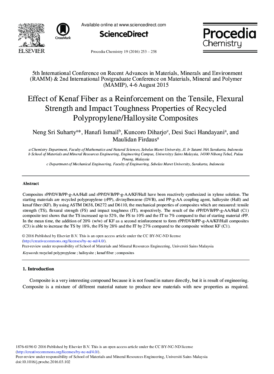 Effect of Kenaf Fiber as a Reinforcement on the Tensile, Flexural Strength and Impact Toughness Properties of Recycled Polypropylene/Halloysite Composites 