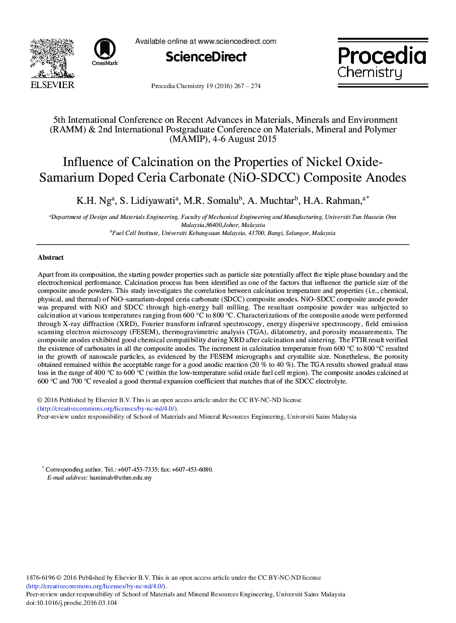 Influence of Calcination on the Properties of Nickel Oxide-Samarium Doped Ceria Carbonate (NiO-SDCC) Composite Anodes 