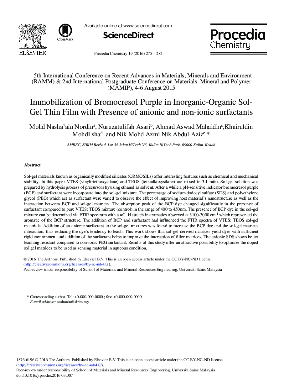 Immobilization of Bromocresol Purple in Inorganic-Organic Sol-Gel Thin Film with Presence of Anionic and Non-ionic Surfactants 