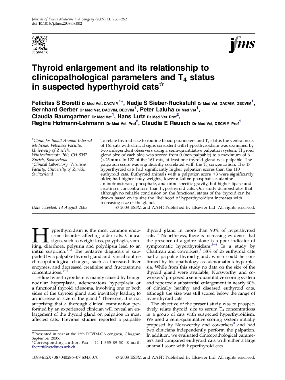 Thyroid enlargement and its relationship to clinicopathological parameters and T4 status in suspected hyperthyroid cats
