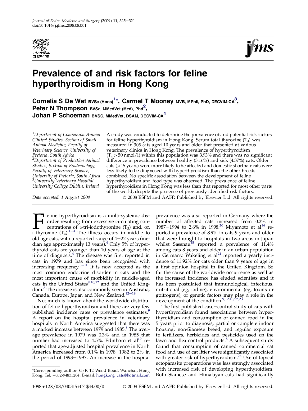 Prevalence of and risk factors for feline hyperthyroidism in Hong Kong