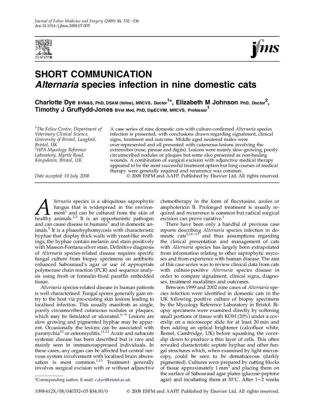 Alternaria species infection in nine domestic cats
