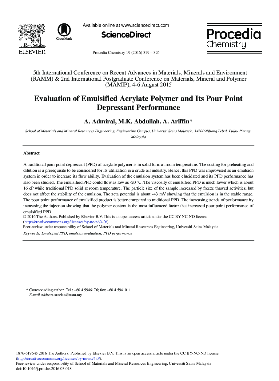 Evaluation of Emulsified Acrylate Polymer and its Pour Point Depressant Performance 